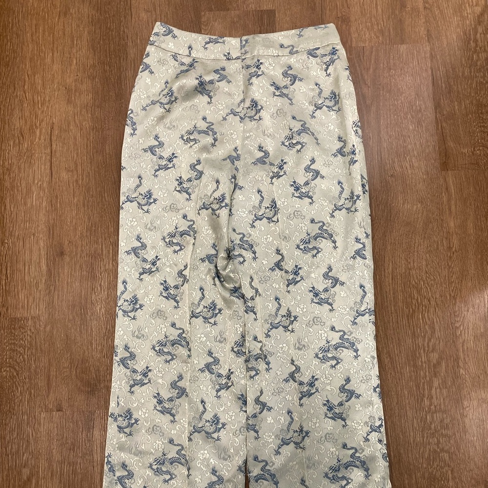 Women’s Dragon & Rose Light Green & Blue Patterned Pants High Waist Wide Leg - Picture 9 of 12